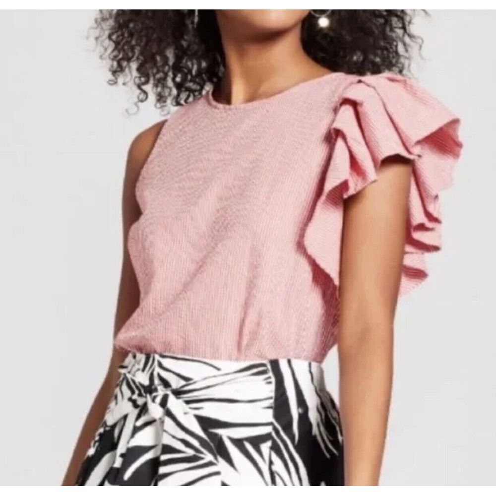 Who What Wear Top Women's S‎ Seersucker Red White Stripe One Shoulder Ruffle